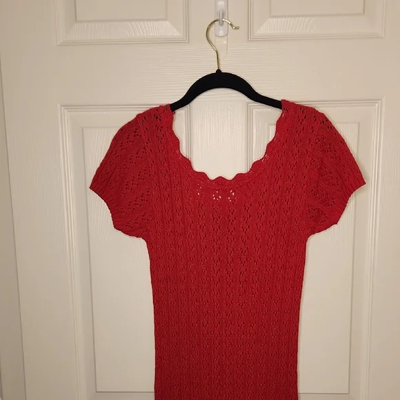VTG MODA INT'L Red Knit Short Sleeve Scalloped Neckline Midi Dress Size S - Picture 10 of 15
